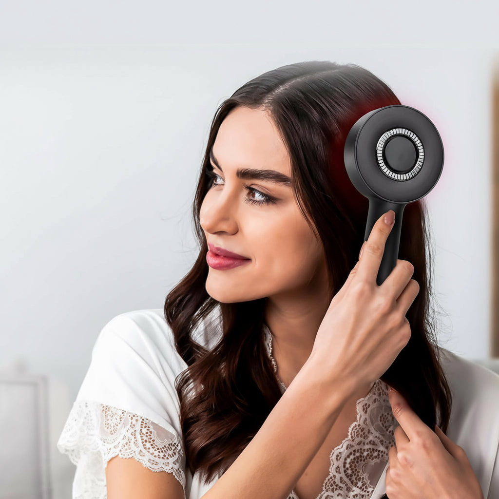 Woman using a hair care device with text on combing, massaging, and applying fluid.